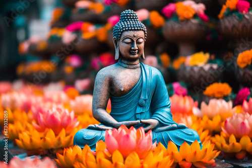 Statue of buddha with lots of colorful lotus flowers, bright colors