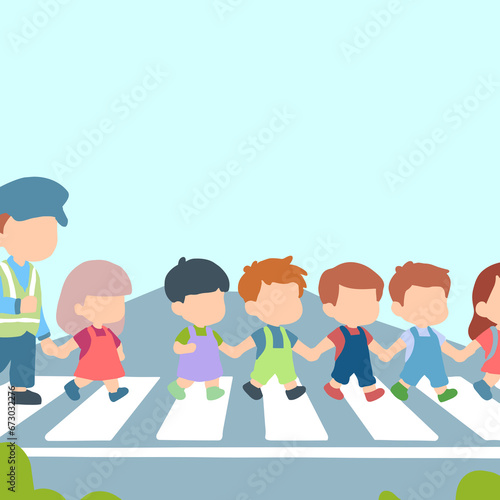 Children are holding hands and crossing the street with the help of a crossing guard. They are using a crosswalk and following safety rules.