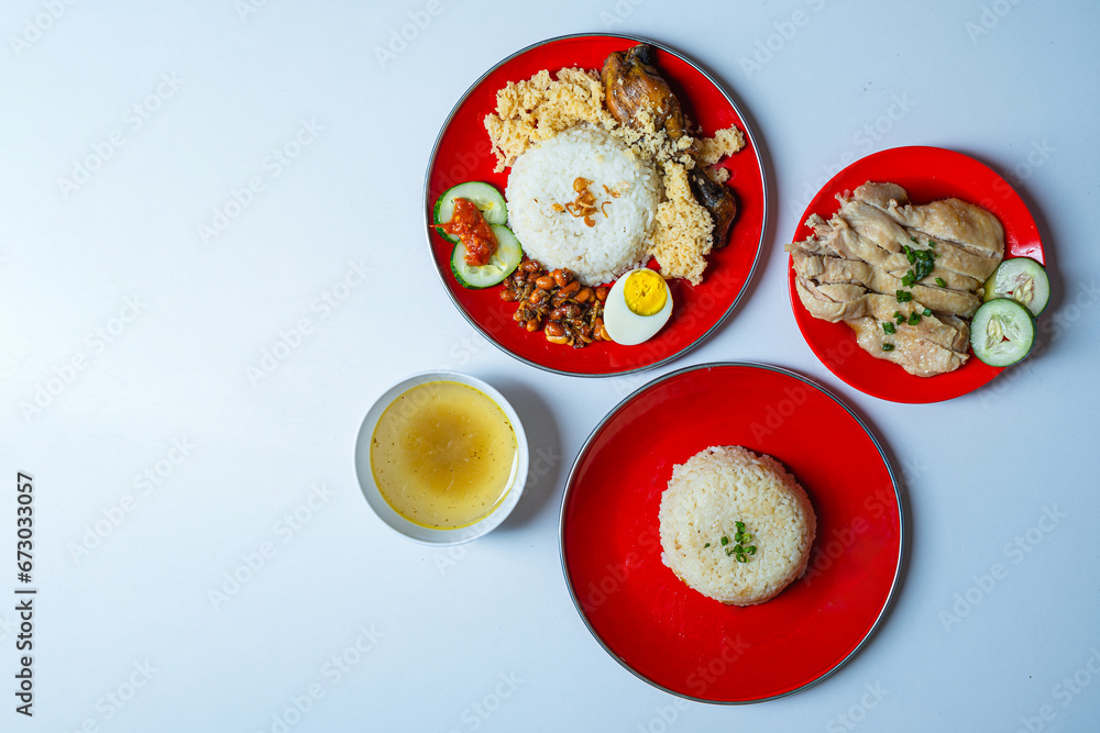 Nasi Lemak and Nasi Hainan on an isolated white background. A set of Malaysian dishes.