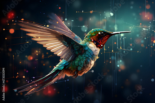 Illustration of a digital hummingbird flying, symbolizing the harmonious concept of data flow, © NE97