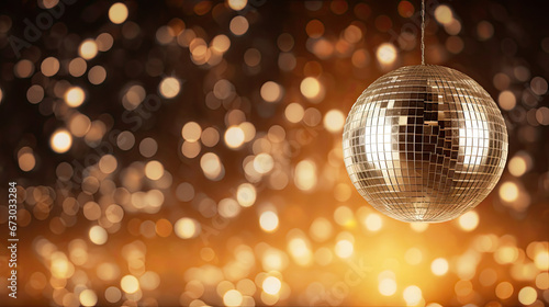 disco ball with lights, Glare and light reflection effect. Copy space.gold disco ball