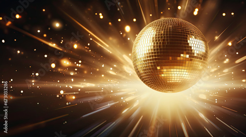 disco ball with lights, Glare and light reflection effect. Copy space.gold disco ball photo