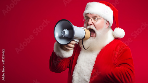 close up photo of Santa Claus expression carrying a megaphone on a red background
