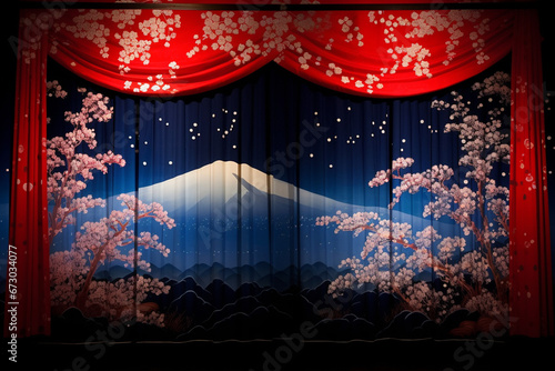 日本風の綺麗な絵が描かれた舞台の幕