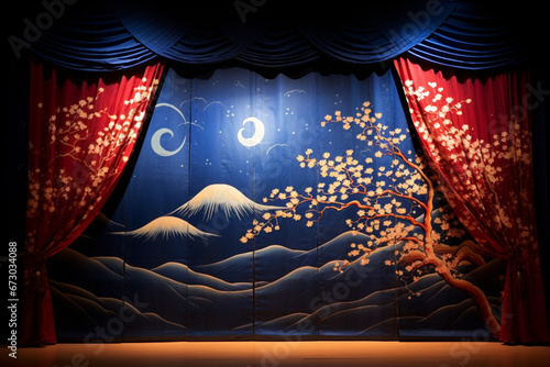 日本風の綺麗な絵が描かれた舞台の幕 photo