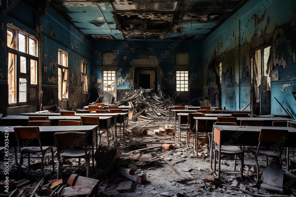 Naklejka premium 小学校の廃墟に残る教室跡