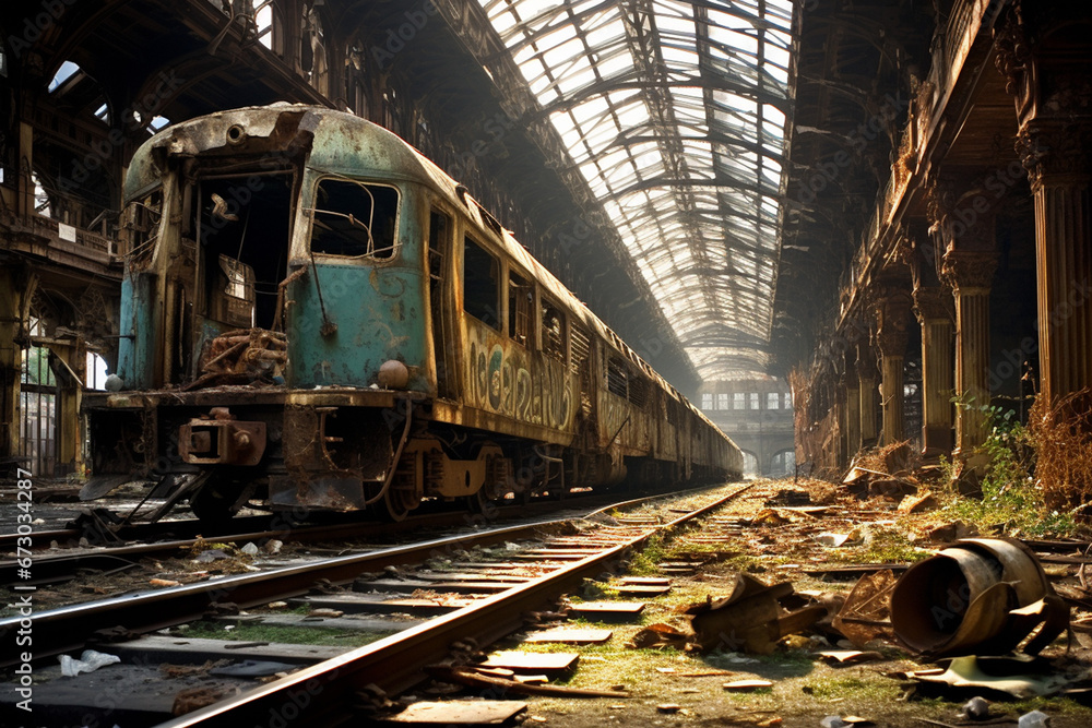 廃線となった大きな鉄道駅の廃墟
