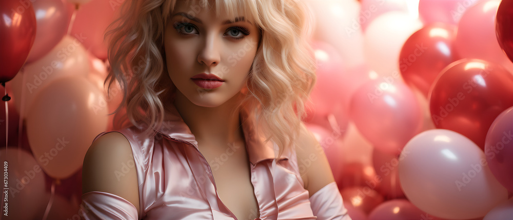 Girl In Pink Balloons. Illustration On The Topic Of Fashion And People, Cinema And Health, Elegance And Cosmetics. Generative AI Girl In Pink Balloons. Illustration On The Topic Of Fashion And People, Cinema And Health, Elegance And Cosmetics. Generative AI