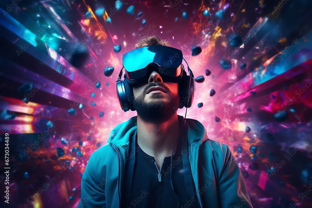 a man wears virtual reality headset in metaverse, future technology, digital native a man wears virtual reality headset in metaverse, future technology, digital native