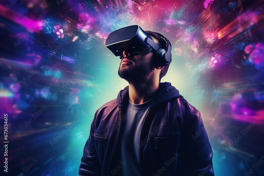 a man wears virtual reality headset in metaverse, future technology, digital native a man wears virtual reality headset in metaverse, future technology, digital native