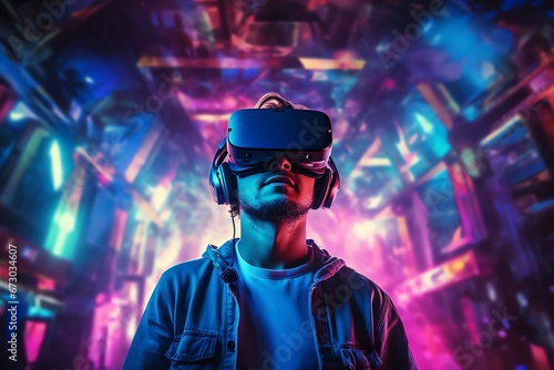 a man wears virtual reality headset in metaverse  future technology  digital native