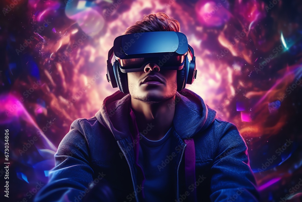 a man wears virtual reality headset in metaverse, future technology, digital native a man wears virtual reality headset in metaverse, future technology, digital native