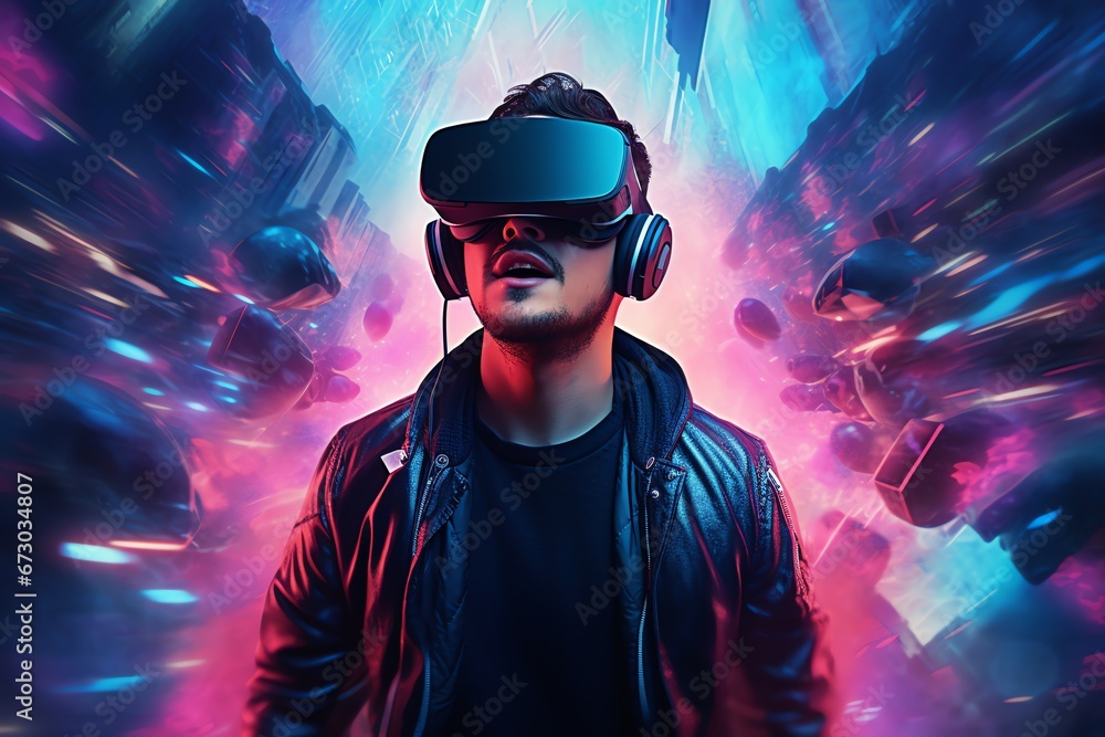 a man wears virtual reality headset in metaverse, future technology, digital native a man wears virtual reality headset in metaverse, future technology, digital native
