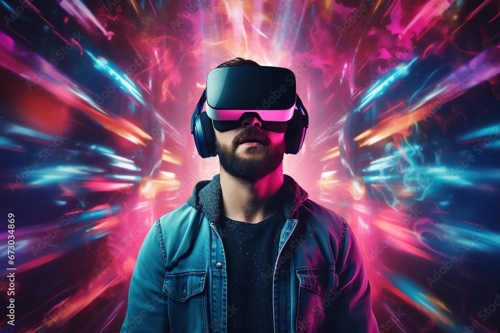 a man wears virtual reality headset in metaverse, future technology, digital native a man wears virtual reality headset in metaverse, future technology, digital native