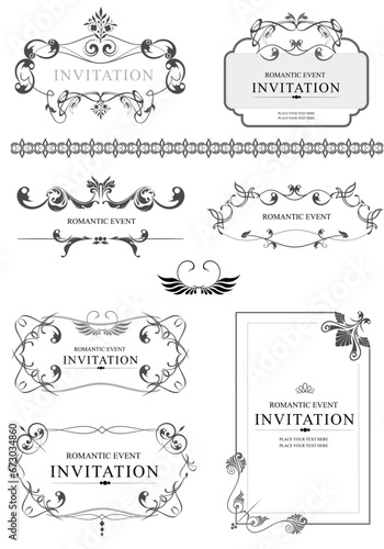Big collection of ornate vector frames and ornaments with sample text. Perfect as invitation or announcement. All pieces are separate