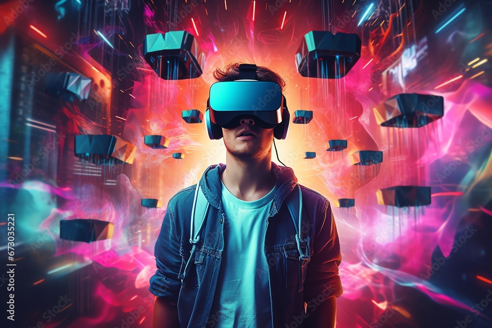 a man wears virtual reality headset in metaverse, future technology, digital native a man wears virtual reality headset in metaverse, future technology, digital native