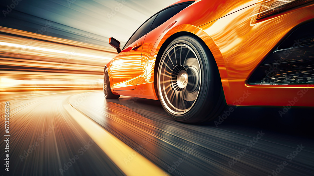 Close-up of wheel of fast sports car on highway speed on blur background