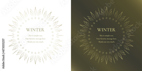 素材_フレームのセット_雪の結晶と光をモチーフにした冬の飾り枠。金色の高級感のある囲みのデザイン