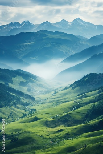 Generic mountain landscape, cloudy weather, spring green meadow, Carpathian Mountains scenic image.
