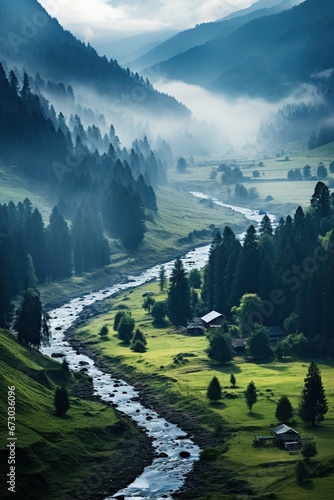 Generic mountain landscape, cloudy weather, spring green meadow, Carpathian Mountains scenic image.