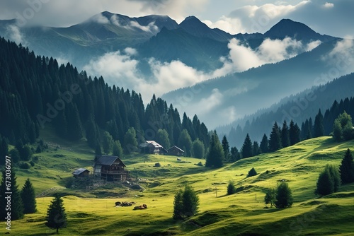 Generic mountain landscape, cloudy weather, spring green meadow, Carpathian Mountains scenic image.