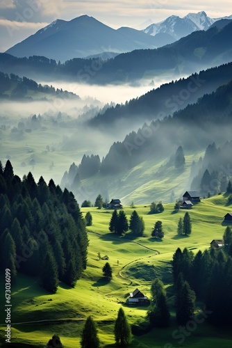 Generic mountain landscape, cloudy weather, spring green meadow, Carpathian Mountains scenic image.