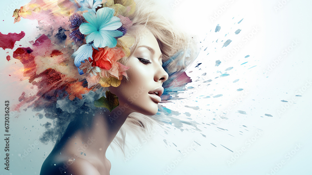 beautiful woman face with abstract colorful flower.