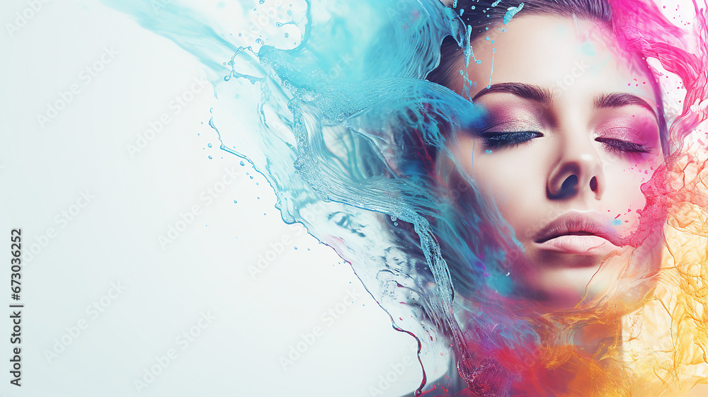 Beautiful female face with colorful water