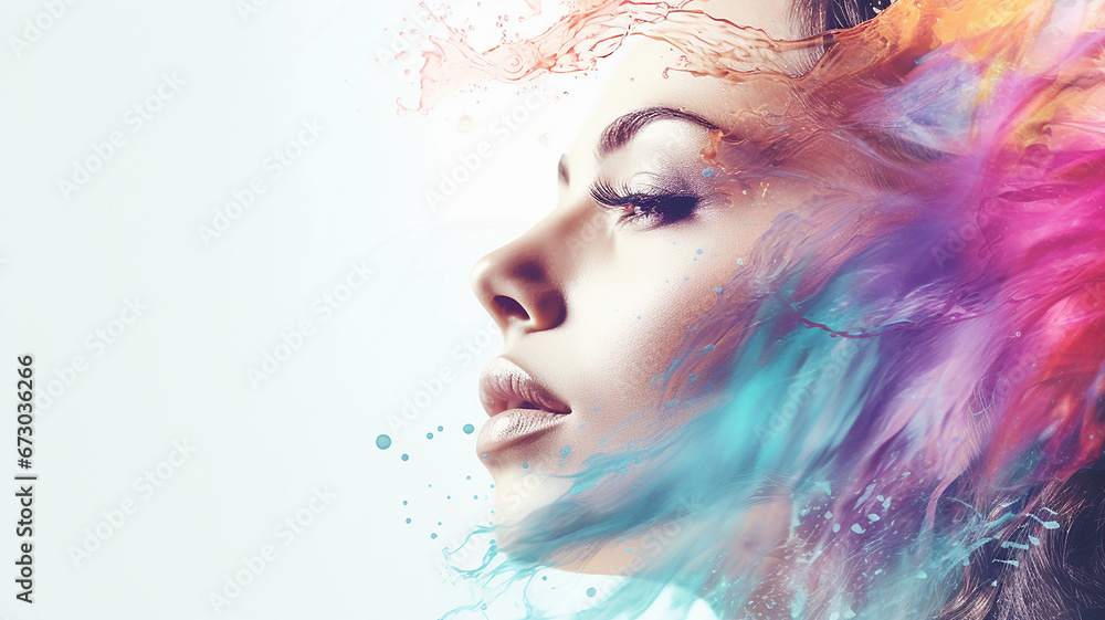 Beautiful female face with colorful water