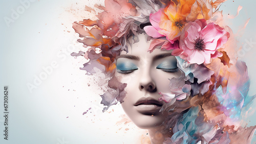 beautiful woman face with abstract colorful flower.