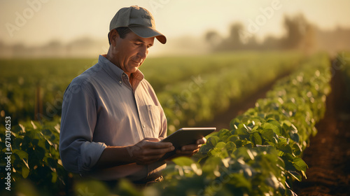 A confident male agronomist stands in a soybean field, using a digital tablet,