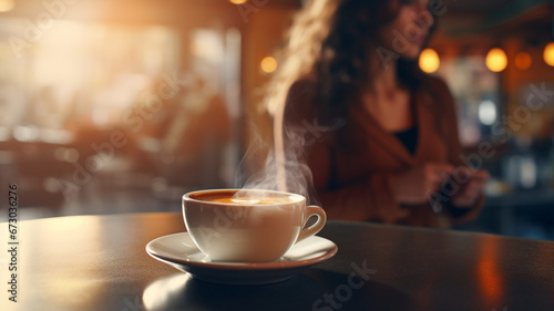 hot coffee cup on the table in blurred restaurant background.