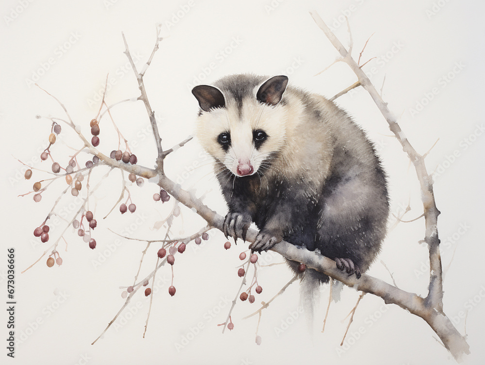 Obraz premium A Minimal Watercolor of a Opossum in a Winter Setting