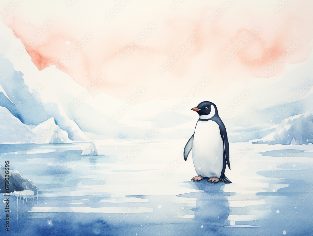 Fototapeta premium A Minimal Watercolor of a Penguin in a Winter Setting