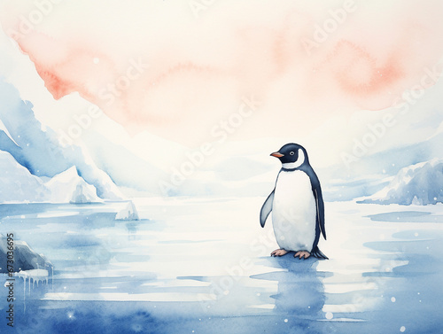 A Minimal Watercolor of a Penguin in a Winter Setting