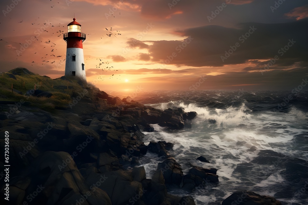 A picturesque coastal lighthouse at sunset.

