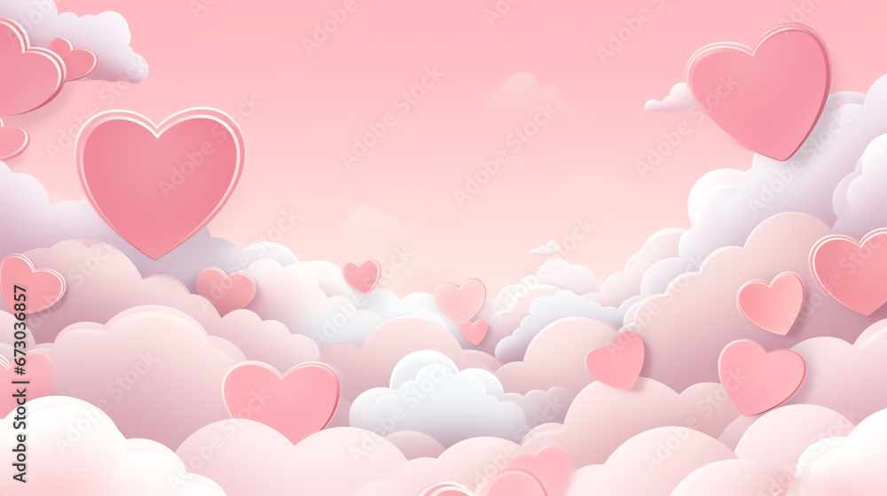 Abstract pink sky and paper cut clouds with copy space for happy valentines day background