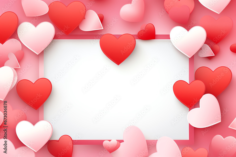 Happy valentines day concept with heart shape and white frame copy space background