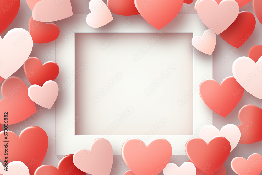 Happy valentines day concept with heart shape and white frame copy space background