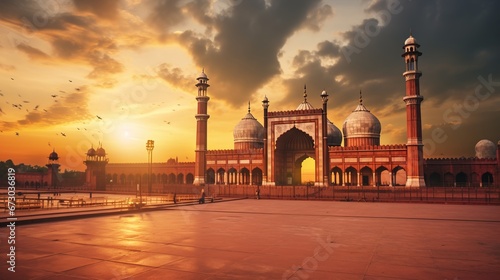 Majestic Lahore: Badshahi Mosque Glows at Dusk with Fiery Sky Tints photo