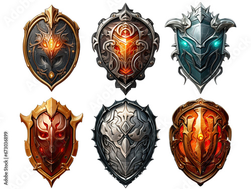Collection of Fantasy Shields Isolated on Transparent or White Background, PNG