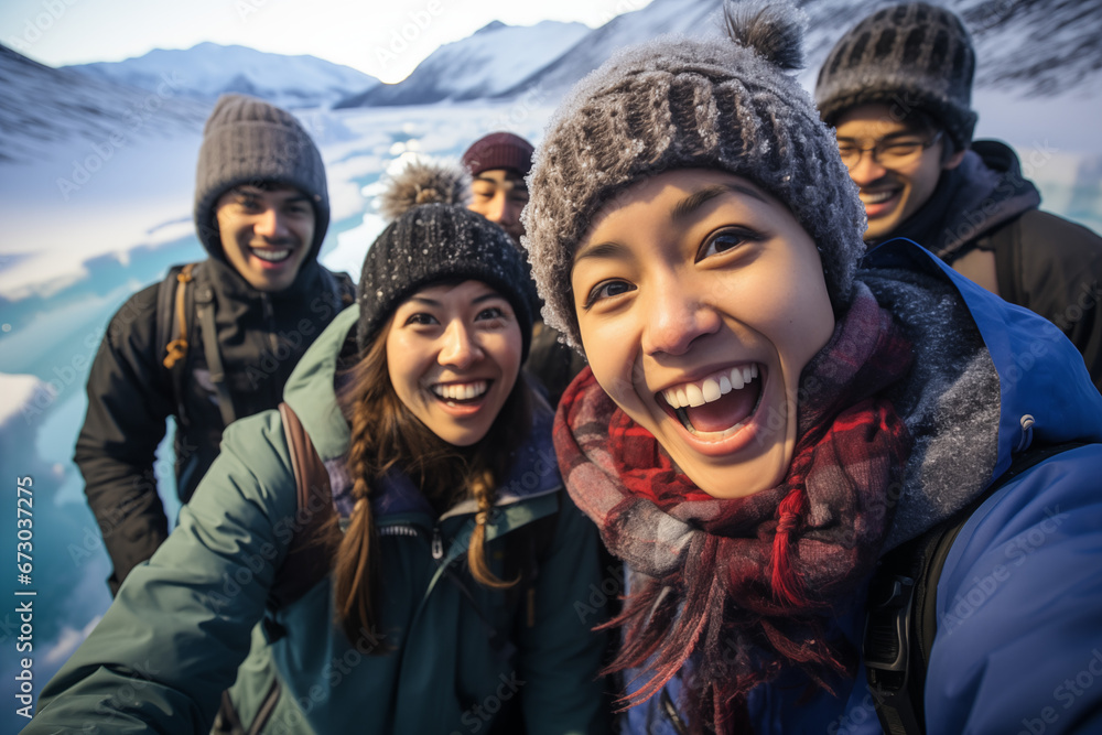 Selfie in the Frozen Wonderland: Tourists with hiking gear joyfully taking selfies,  and the smiles of the adventurers capture the sense of wonder and delight as they document their icy exploration.