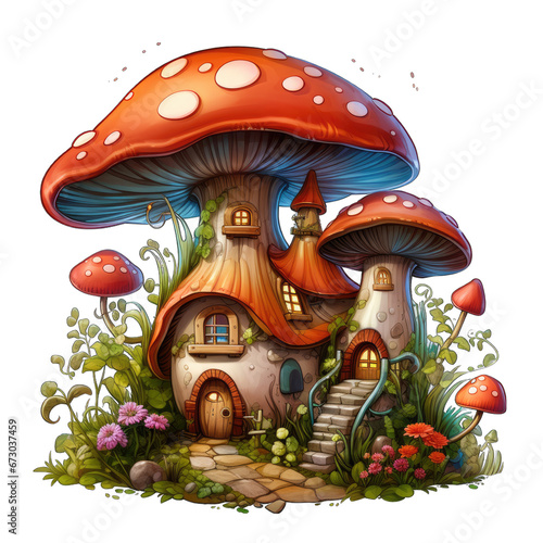 Adorable Cartoon-Style Mushroom House Isolated on Transparent or White Background, PNG