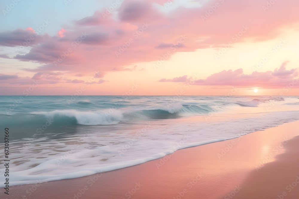 A serene, pastel-hued beach sunrise.
