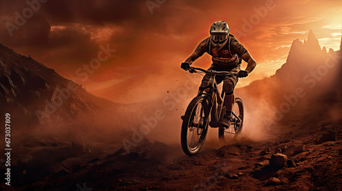 mountain biker in the dust at the sunset