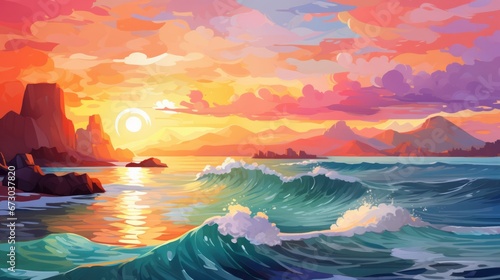 An illustration depicting a colorful sea landscape featuring an island with a morning seascape. The artwork is rendered in an oil painting style on canvas, presented as a vector illustration