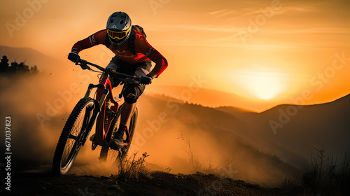 mountain biker in the dust at the sunset