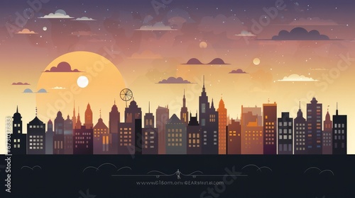 A cityscape collage depicting the skyline of a town in various times of the day, including morning, day, and night. The urban landscape showcases the architectural silhouettes