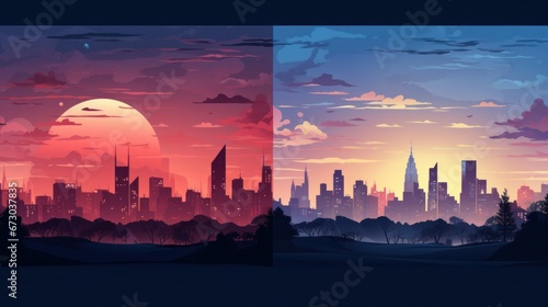 A cityscape collage depicting the skyline of a town in various times of the day, including morning, day, and night. The urban landscape showcases the architectural silhouettes