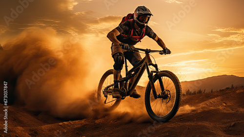 mountain biker in the dust at the sunset © Planetz
